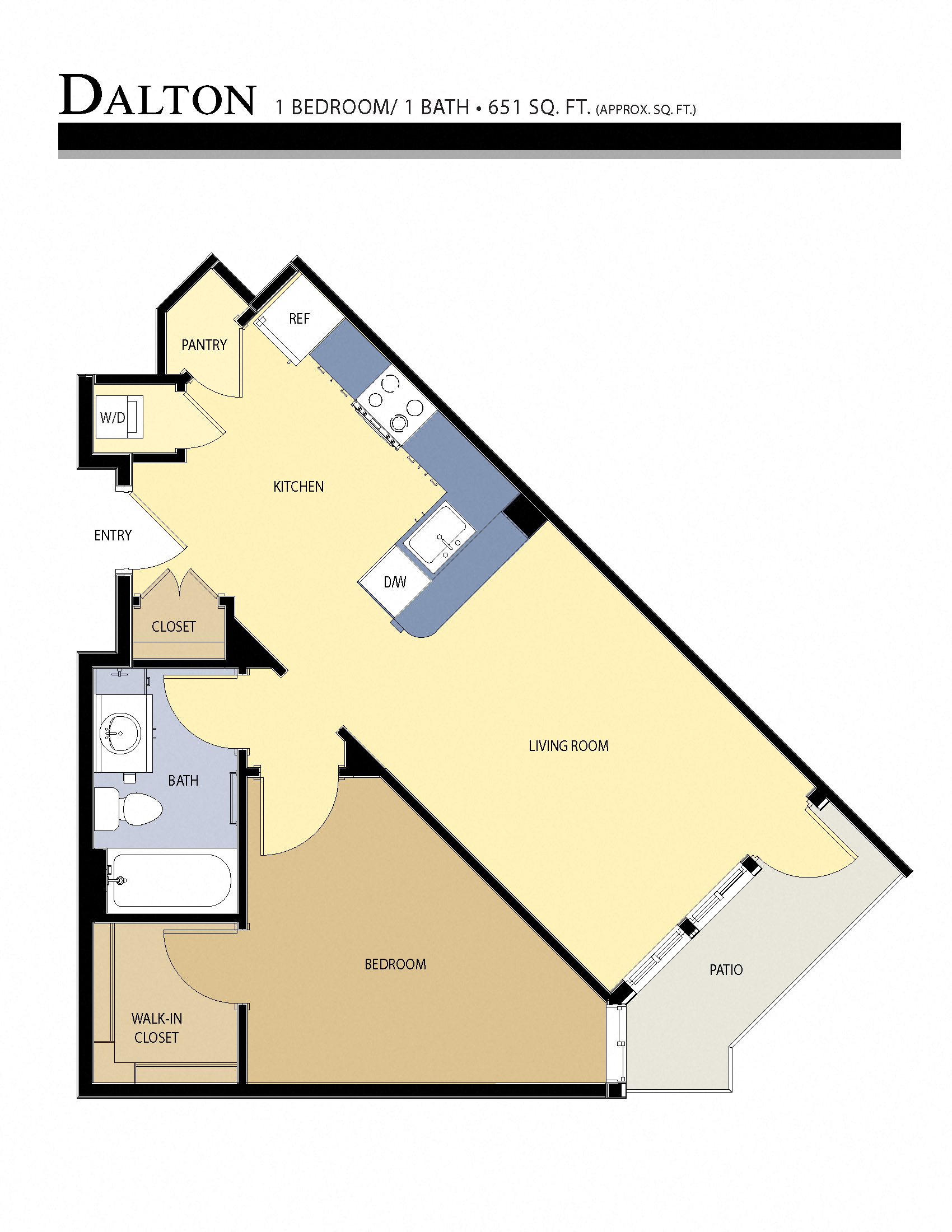 Floor plan for 1 bed, 1 bath, 651 sqft